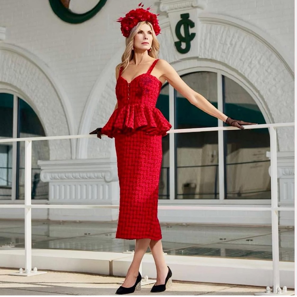 NWT Fanm Mon Gulia Peplum Tweed Embroidered Midi Red Dress Sz M